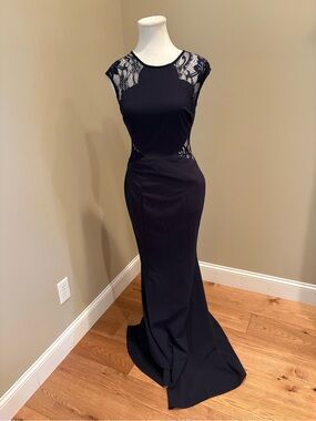 Maniju Formal Maxi Navy Blue Elegant Lace Evening Gown - Women Dresses Small